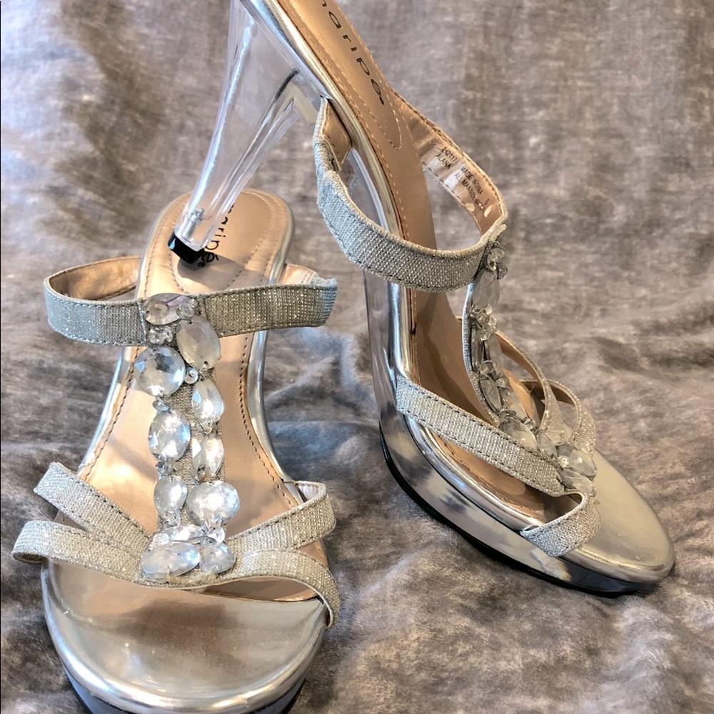 4” SILVER (clear heel) HEELS.  Size 8